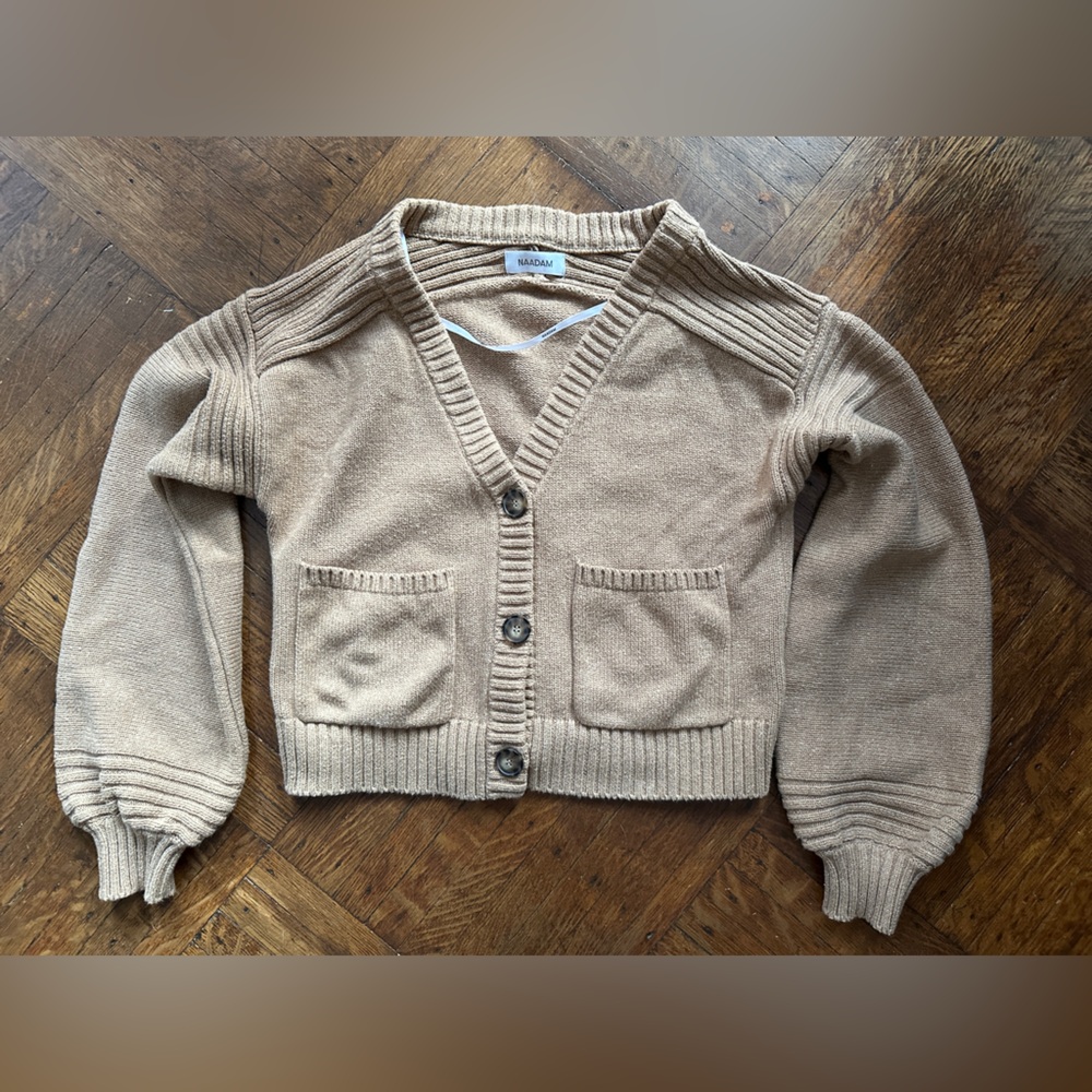 Naadam cotton-blend puffed-sleeve beige cardigan xs